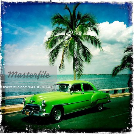 Bright green classic American car parked by a palm tree with the ocean behind, Punta Gorda, Cienfuegos, Cuba, West Indies, Caribbean, Central America
