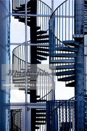 Spiral staircase and its reflection outside Perlan, a modern building housing the Saga Museum, Reykjavik, Iceland, Polar Regions