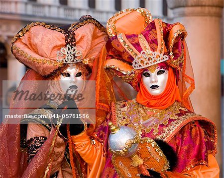 Masked carnival characters in costume, Piazzetta San Marco, San Marco district, Venice, Veneto, Italy, Europe