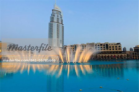 Downtown district with the Dubai Fountain, Address Building and Palace Hotel, Dubai, United Arab Emirates, Middle East