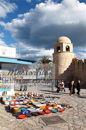 Pottery shop display outside the Great Mosque, Place de la Grande Mosque, Medina, Sousse, Tunisia, North Africa, Africa