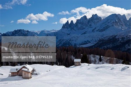 Chalets around San Pellegrino Pass and Pale di San Martino range in the background, Trentino Alto Adige, Italy, Europe
