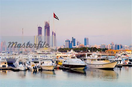 City skyline from Abu Dhabi International Marine Sports Club, Abu Dhabi, United Arab Emirates, Middle East