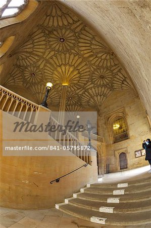 Fan vaulted ceiling dating from 1638 above the staircase by James Wyatt, 1805, Christ Church College, Oxford University, Oxford, Oxfordshire, England, United Kingdom, Europe