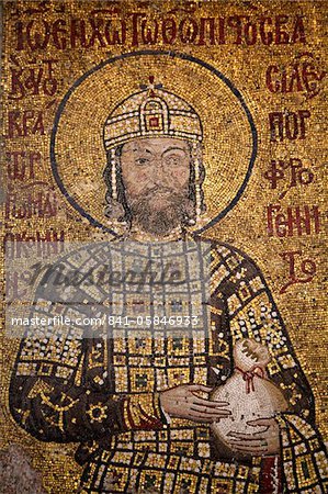 Mosaic of Emperor Ioannes I Comnenos holding a purse, symbolizing donation he made to the church, Hagia Sophia, Istanbul, Turkey, Europe