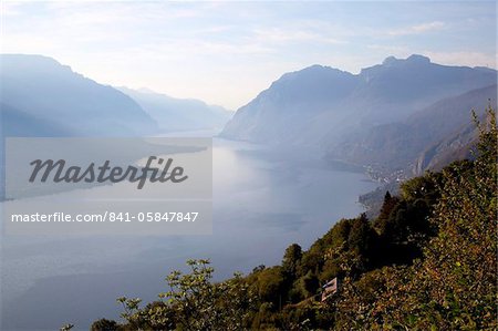View towards Lecco at sunrise, Civenna, Bellagio, Lake Como, Lombardy, Italian Lakes, Italy, Europe