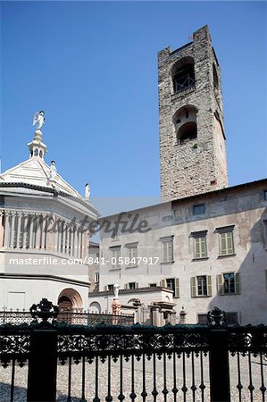 Baptistery and Big Bell Civic Tower, Piazza Vecchia, Bergamo, Lombardy, Italy, Europe