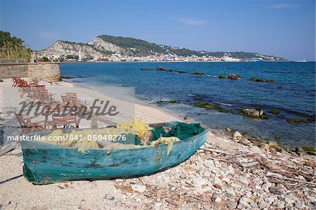 Fishing boat and town, Zakynthos Town, Zakynthos, Ionian Islands, Greek Islands, Greece, Europe