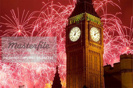 New Year fireworks and Big Ben, Houses of Parliament, Westminster, London, England, United Kingdom, Europe