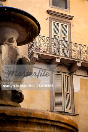 Shuttered windows and fountain, Bergamo, Lombardy, Italy, Europe