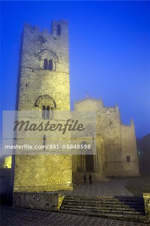 The Duomo in fog at dusk, Erice, Sicily, Italy, Europe