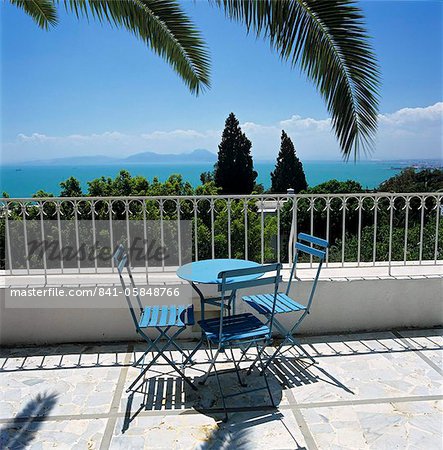 View over Bay of Tunis from terrace of Dar Said Hotel, Sidi Bou Said, Tunisia, North Africa, Africa