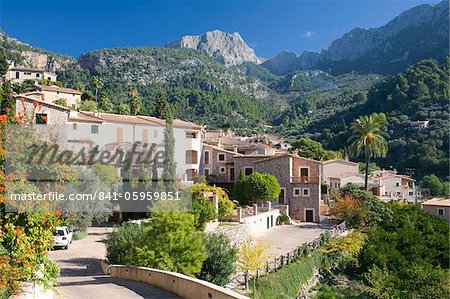 Houses on hillside beneath Puig Major, the island's highest peak, Fornalutx near Soller, Mallorca, Balearic Islands, Spain, Europe