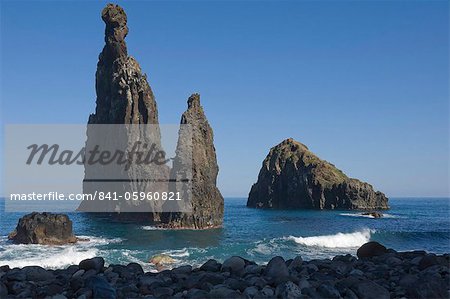 Lava rock columns thrusting upwards out the ocean floor, northern Madeira, Portugal, Atlantic Ocean, Europe