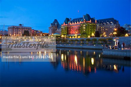 Inner Harbour with the Empress Hotel at night, Victoria, Vancouver Island, British Columbia, Canada, North America