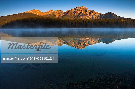 First light on a cold blue morning at Patricia Lake, Jasper National Park, UNESCO World Heritage Site, Alberta, Rocky Mountains, Canada, North America