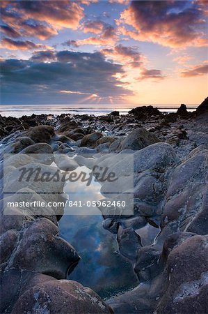 Rockpool and sunset at Sandymouth, Cornwall, England, United Kingdom, Europe