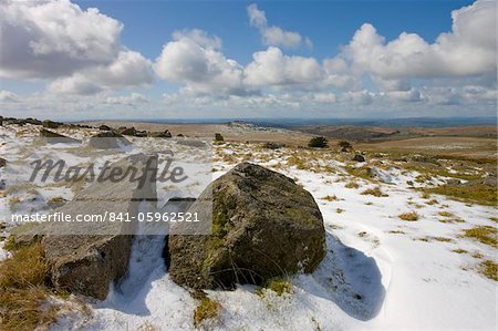 Snow covered rocky moorland landscape, Dartmoor National Park, Devon, England, United Kingdom, Europe