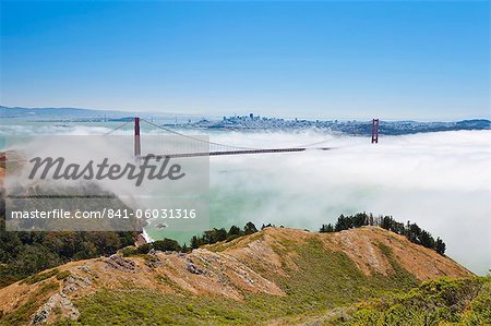 Golden Gate Bridge and the San Francisco skyline floating above the fog on a foggy day in San Francisco, California, United States of America, North America