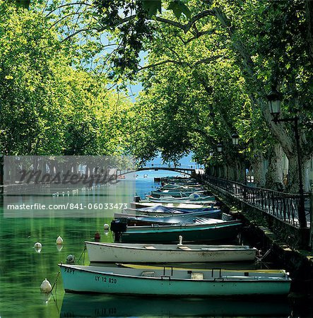 Boats along canal, Annecy, Lake Annecy, Rhone Alpes, France, Europe