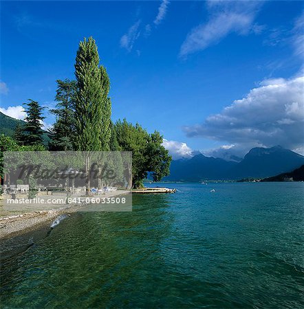 View along lake shore, Talloires, Lake Annecy, Rhone Alpes, France, Europe