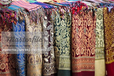 Scarves and shawls for sale at the Sharia el Souk market in Aswan, Egypt, North Africa, Africa