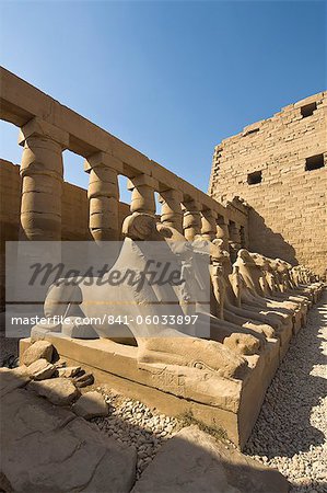 Ram headed sphinxes beyond the first pylon at Karnak Temple, Karnak, Thebes, UNESCO World Heritage Site, Egypt, North Africa, Africa