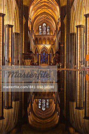 Looking across the font and down the nave of Salisbury Cathedral, Wiltshire, England, United Kingdom, Europe