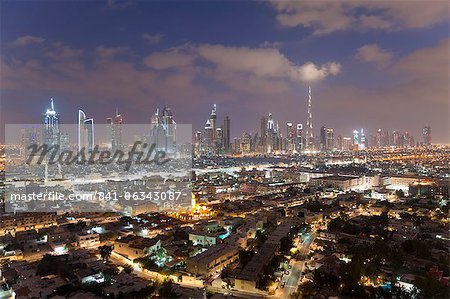 Elevated view of the new Dubai skyline of modern architecture and skyscrapers including the Burj Khalifa on Sheikh Zayed Road, Dubai, United Arab Emirates, Middle East