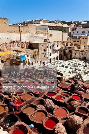 Chouwara traditional leather tannery in Old Fez, vats for tanning and dyeing leather hides and skins, Fez, Morocco, North Africa, Africa