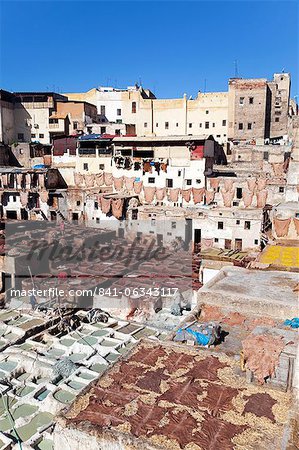 Chouwara traditional leather tannery in Old Fez, vats for tanning and dyeing leather hides and skins, Fez, Morocco, North Africa, Africa