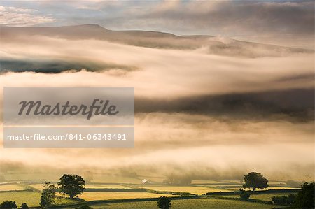Mist hanging over countryside near Bwlch, Brecon Beacons National Park, Powys, Wales, United Kingdom, Europe