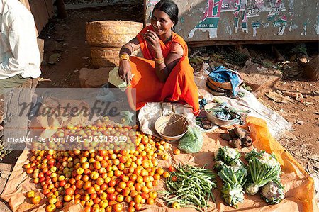 Woman at roadside vegetable stall selling tomatoes, beans and cauliflowers, rural Orissa, India, Asia