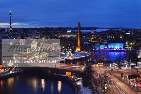 River Tammerkoski runs through the city centre, past the Finlayson Complex, night time in Tampere, Pirkanmaa, Finland, Scandinavia, Europe