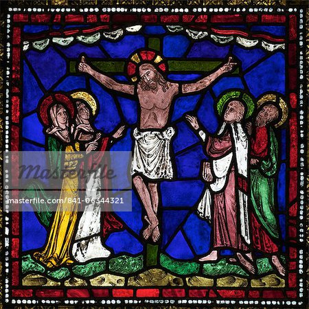 Medieval stained glass of The Crucifixion, Corona Redemption Window, East End, Corona I, Canterbury Cathedral, UNESCO World Heritage Site, Canterbury, Kent, England, United Kingdom, Europe Medieval stained glass of The Crucifixion, Corona Redemption Window, East End, Corona I, Canterbury Cathedral, UNESCO World Heritage Site, Canterbury, Kent, England, United Kingdom, Europe