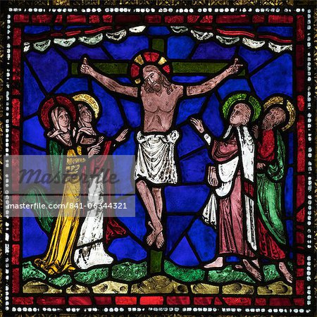 Medieval stained glass of The Crucifixion, Corona Redemption Window, East End, Corona I, Canterbury Cathedral, UNESCO World Heritage Site, Canterbury, Kent, England, United Kingdom, Europe