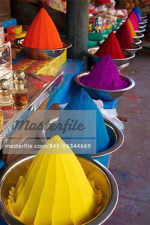 Coloured powders for sale, Devaraja market, Mysore, Karnataka, India, Asia