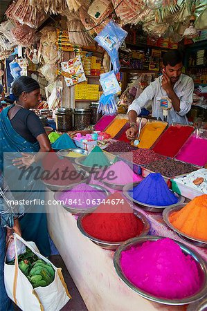 Coloured powders for sale, Devaraja market, Mysore, Karnataka, India, Asia