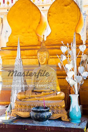 Bright gold Buddha statue at Pha That Luang, a Buddhist templ, Vientiane, Laos, Indochina, Southeast Asia, Asia