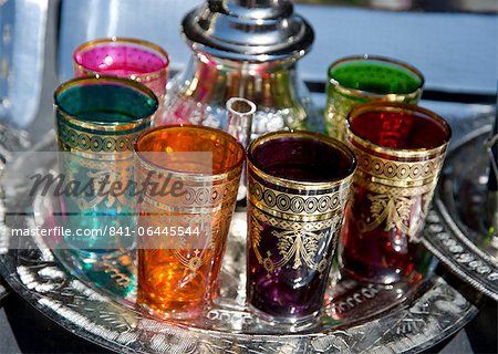 A set of colourful tea glasses for sale in the souk, in Marrakech, Morocco, North Africa, Africa