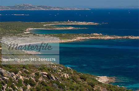 An elevated view of the southwest coast of Corsica near Bonifacio called Reserve Naturelle des Bouches de Bonifacio, Corsica, France, Mediterranean, Europe