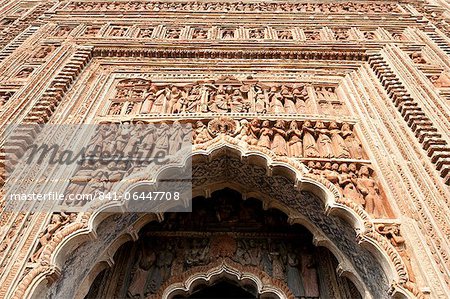 Carved rekha style facade of the 19th century Prataspeswar terracotta temple, built in 1849 in the temple complex, Kalna, West Bengal, India, Asia