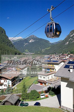 View over town and cable car, Canazei, Val di Fassa, Trentino-Alto Adige, Italy, Europe