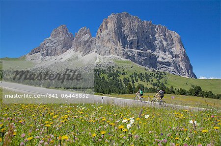 Cyclists and Sassolungo Group, Sella Pass, Trento and Bolzano Provinces, Italian Dolomites, Italy, Europe