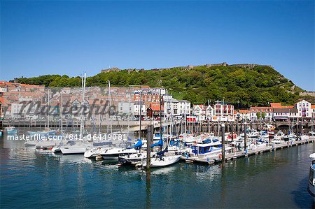 Yachts in the harbour and Castle Hill, Scarborough, North Yorkshire, Yorkshire, England, United Kingdom, Europe