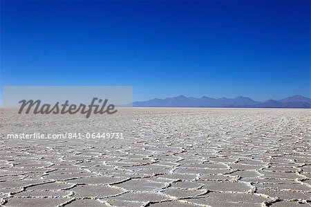 Details of the salt deposits in the Salar de Uyuni salt flat and the Andes mountains in the distance in south-western Bolivia, Bolivia, South America