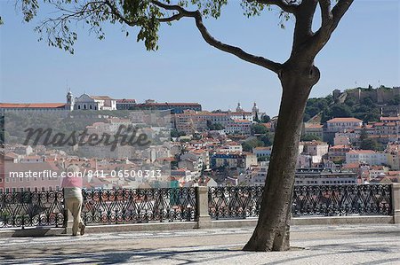View over the rooftops from the garden at the top of the Funicular Do Gloria, Bairro Alto, Lisbon, Portugal, Europe