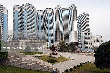 Modern city centre apartment buildings, Pyongyang, Democratic People's Republic of Korea (DPRK), North Korea, Asia