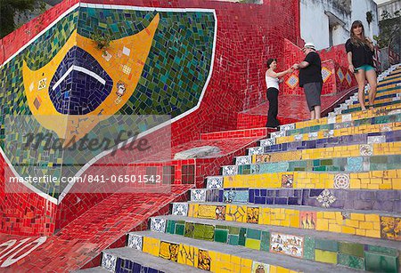 Tourists on Selaron Steps (Escadaria Selaron), Lapa, Rio de Janeiro, Brazil, South America