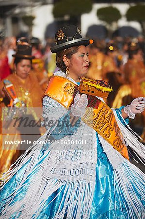 Women dancing in festival in Plaza 25 de Mayo, Sucre, UNESCO World Heritage Site, Bolivia, South America